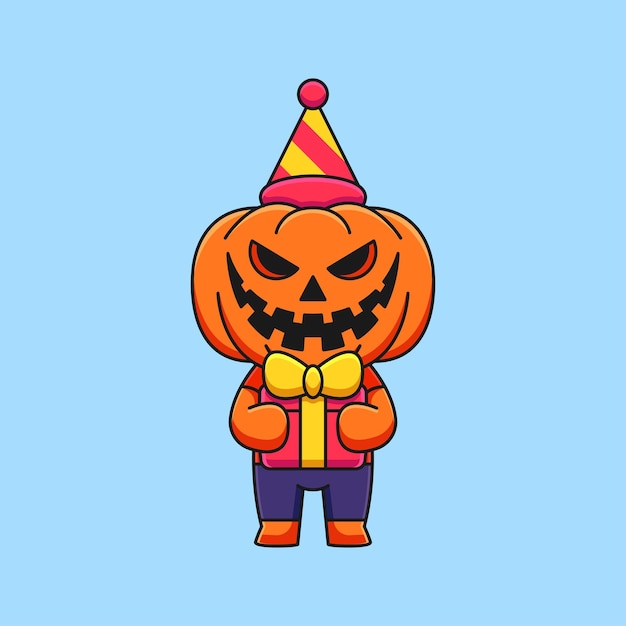 Cute birthday pumpkin halloween cartoon mascot doodle art hand drawn concept vector kawaii icon illustration