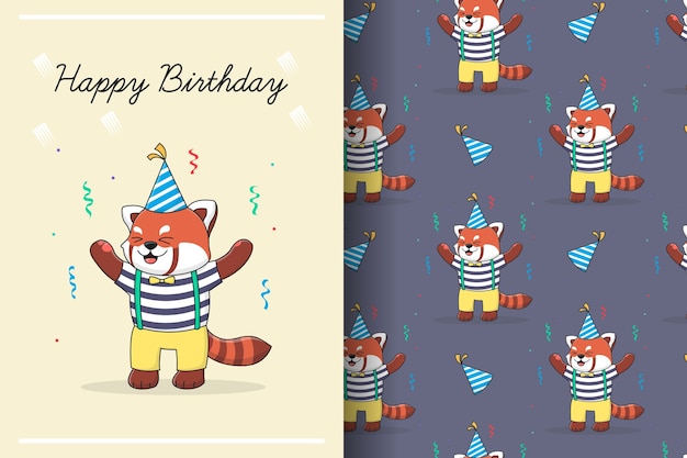 Cute birthday red panda seamless pattern and illustration