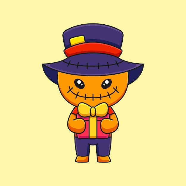 Vector cute birthday scarecrow halloween cartoon mascot doodle art hand drawn concept vector kawaii icon illustration