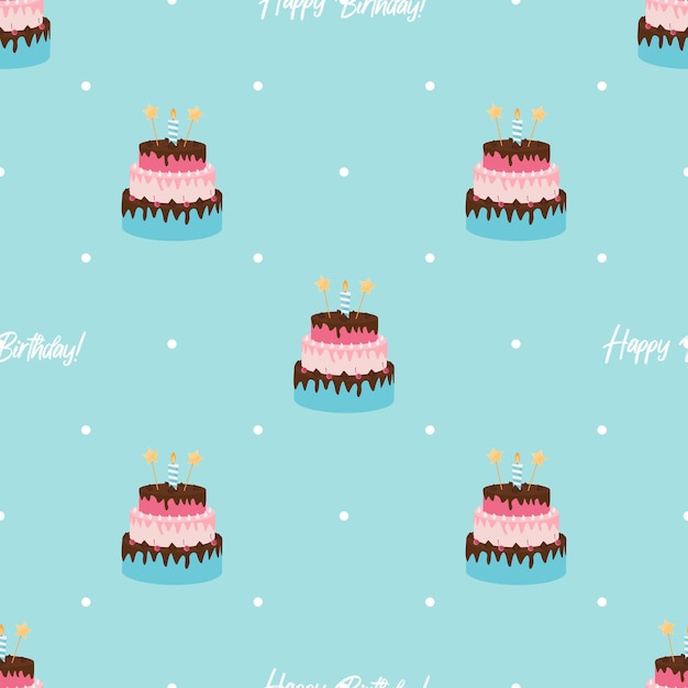 Cute Birthday Seamless Pattern  with Cake, Candles.