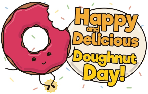 Vector cute bitten donut celebrating a happy and delicious doughnut day