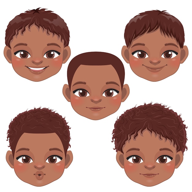 Cute Black Baby Boy Face Collection American African Cartoon Character Vector