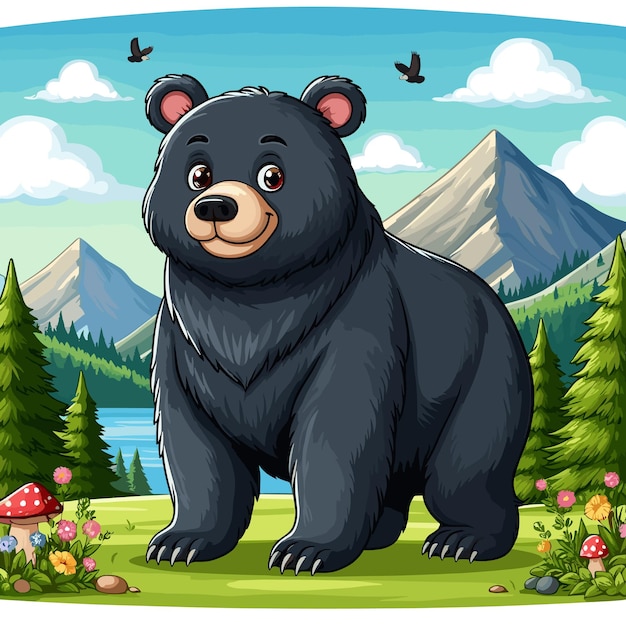 Vector cute black bear vector cartoon illustration