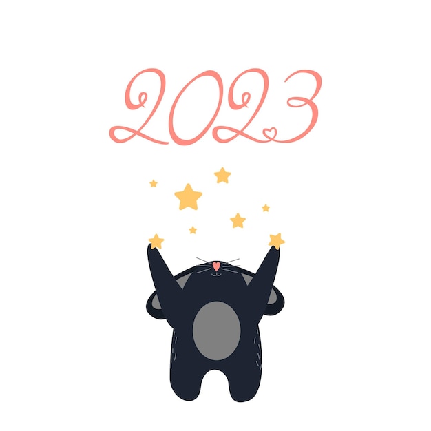 Cute black bunny with stars wishes a Happy New Year 2023 Year of the Rabbit Vector illustration