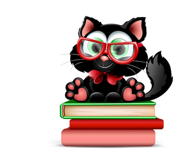 Cute black cartoon cat nerd sitting on the books in glasses with red bow