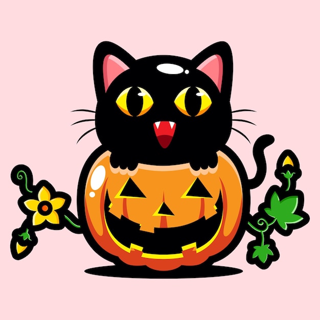 Vector cute black cat celebrating halloween