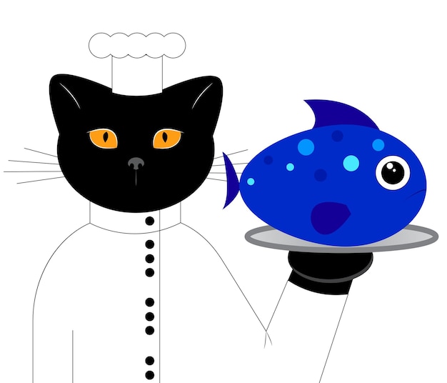 Милый черный кошачий повар несет рыбу на подносе мультипликационный персонаж печатная векторная иллюстрация на белом фоне