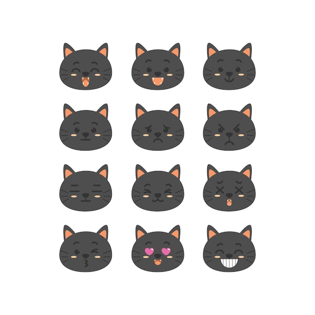 Cute black cat emoticon characters set