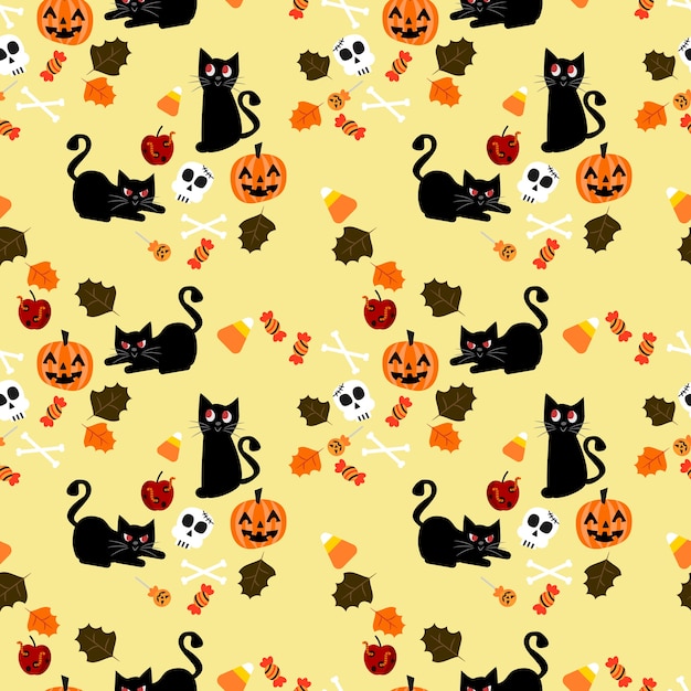 Cute black cat and Halloween element seamless pattern.