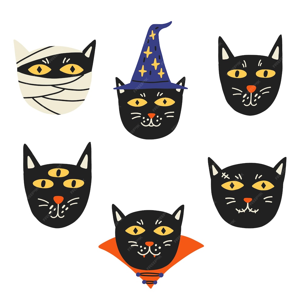 Premium Vector Cute black cat halloween face set