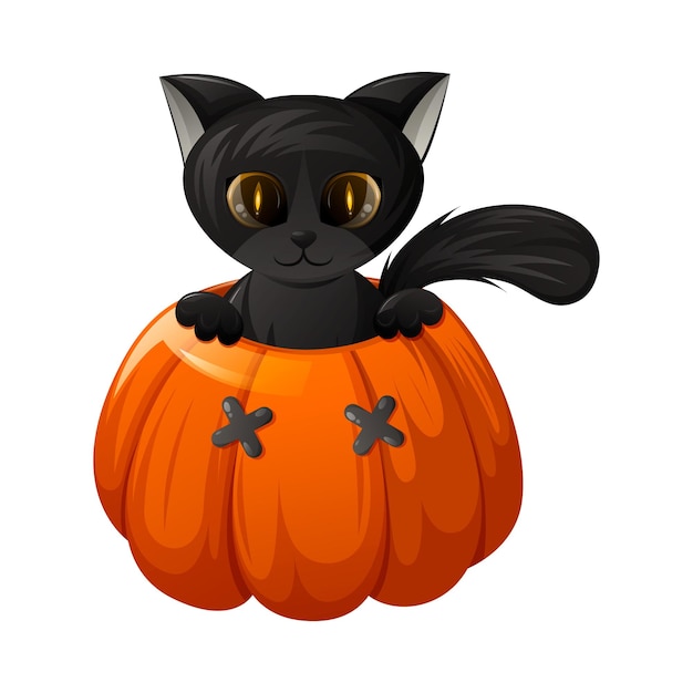 Simpatico gatto nero in una zucca di halloween con occhi buffi. illustrazione vettoriale dei cartoni animati