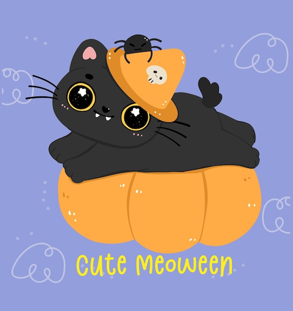 Vector cute black cat halloween witch on pumpkin cartoon naughty kitty animal illustration