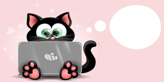 Gatto nero sveglio dietro il concetto di san valentino di vendita del computer portatile