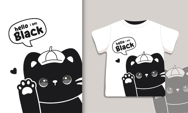 Vettore illustrazione carina di disegni di t-shirt con gatto nero