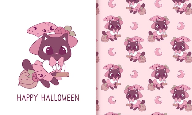 Cute black cat witch halloween pink seamless pattern