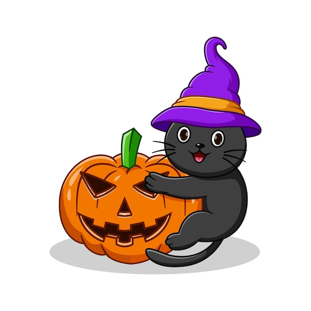 Vector cute black cat in a witch hat holding pumpkin