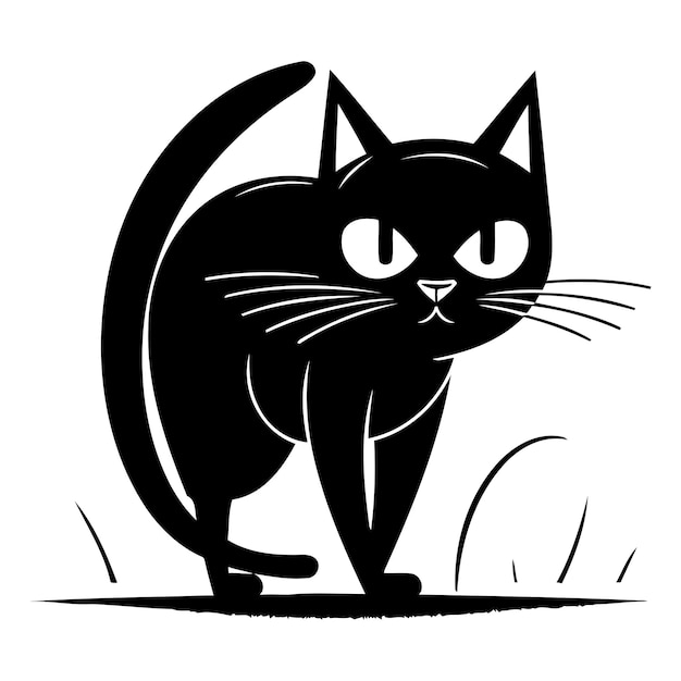 Cute black cat with big orange eyes Vector illustration in flat style