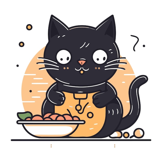 Vector cute black cat with a bowl of food vector illustration