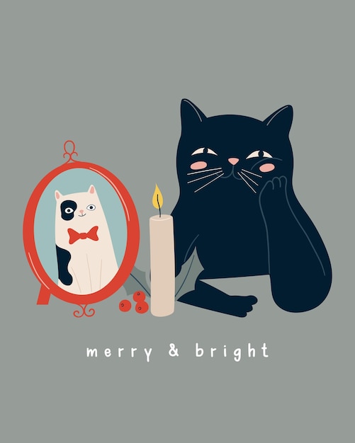 Simpatico gatto nero con foto incorniciata, candela e vischio. illustrazione di natale e capodanno, biglietto di auguri