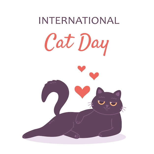 Cute black cat with hearts International Cat Day