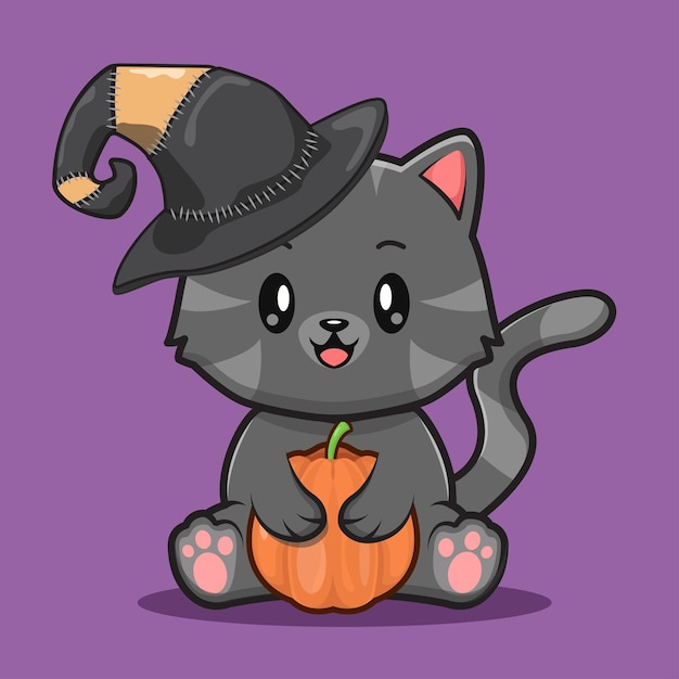 Simpatico gatto nero con zucca e indossa il concetto di illustrazione del fumetto di halloween con cappello da strega