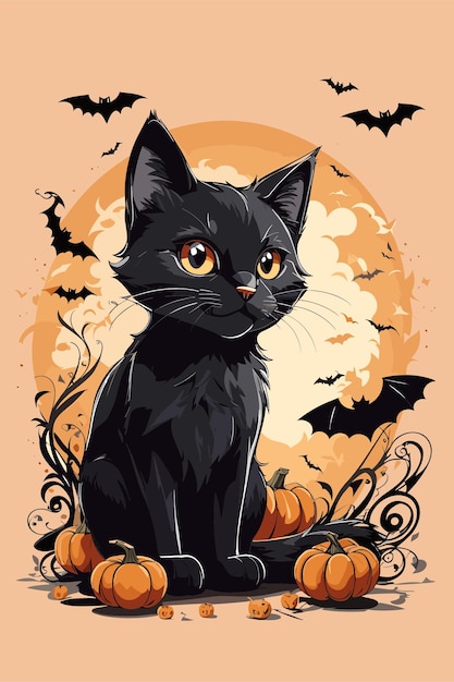 ベクトル 不穏な満面の笑みを浮かべたかわいい黒猫 飛び回るハロウィーンの必需品コウモリ