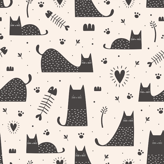 Cute black cats seamless pattern with hand drawn childish