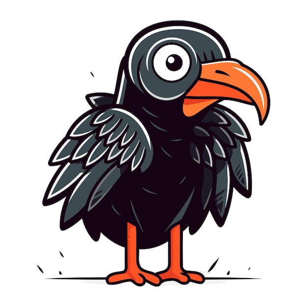 Cute black crow isolated on white background vector cartoon illustration