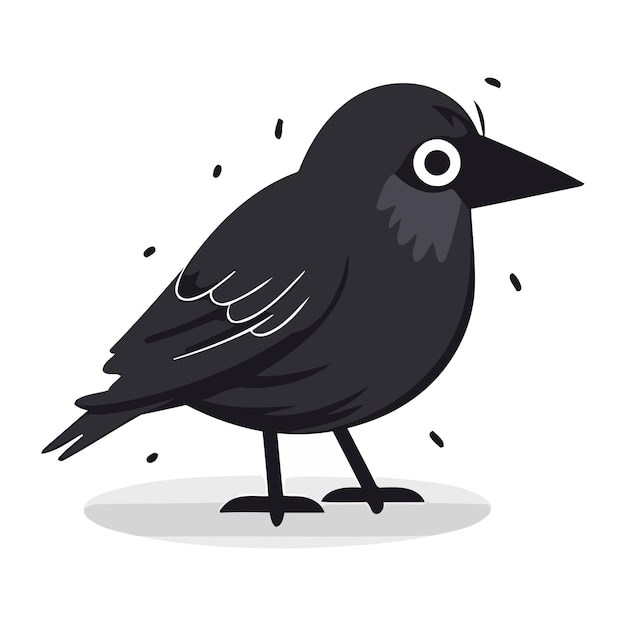 Cute black crow on white background vector illustration in cartoon style