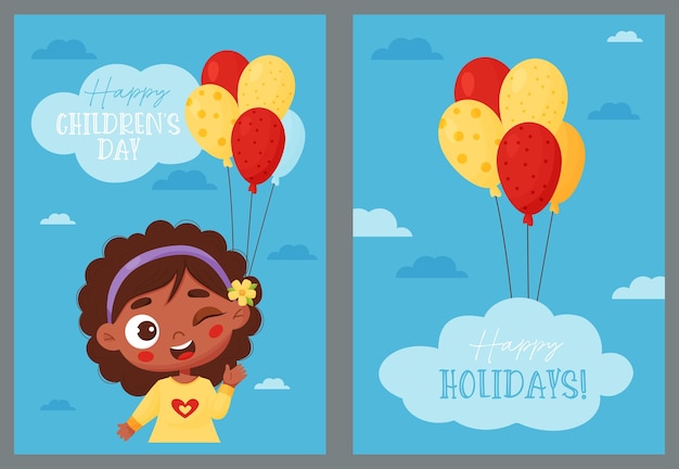 Милая черная этническая подмигивающая девушка с воздушными шарами в мультяшном стиле поздравительные открытки с днем защиты детей