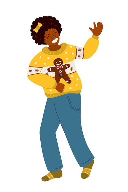 Vettore carina ragazza nera che balla in un brutto maglione lavorato a maglia con un omino di pan di zenzero