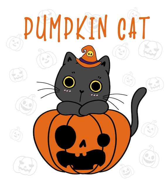 Cute black kitten cat on funny face craved pumpkin halloween pumpkin meow cartoon flat vector