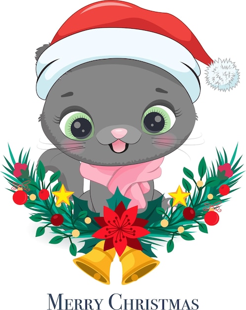 Cute black kitten with christmas wreath vector illustration