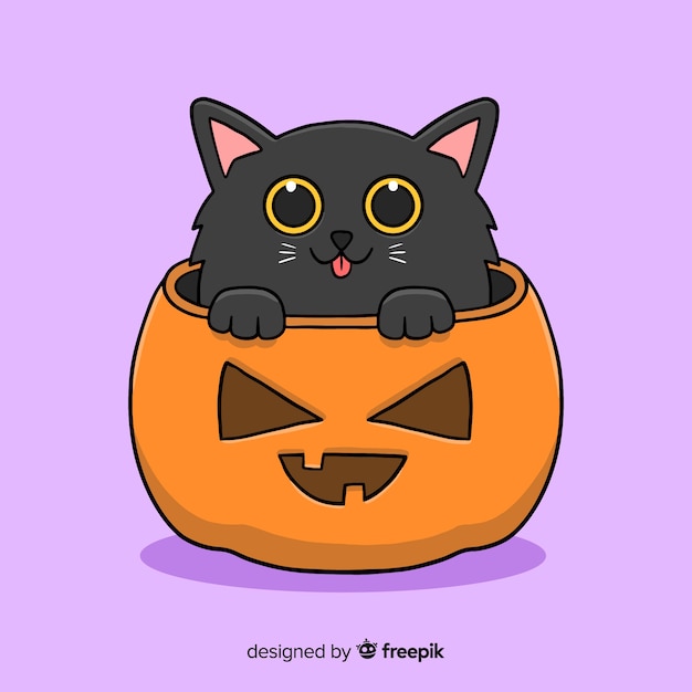 Vettore disegnato a mano sveglio del gattino nero halloween