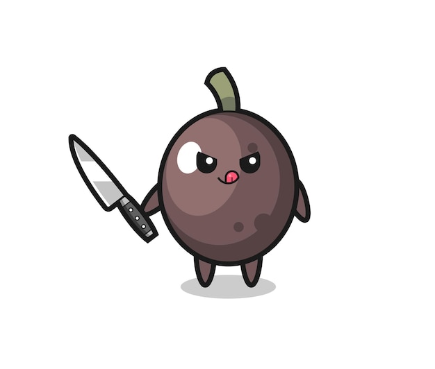 Cute black olive mascot as a psychopath holding a knife , cute style design for t shirt, sticker, logo element