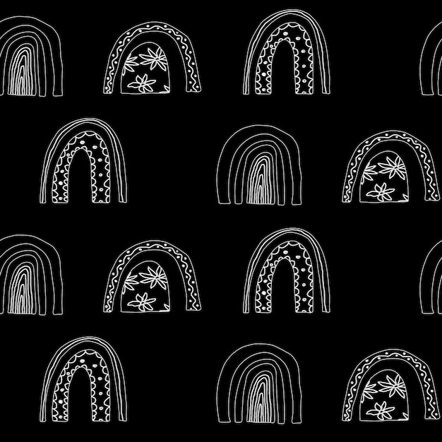 라인 흰색 낙서 꽃 무지개와 귀여운 검은 패턴 아이를 위한 원활한 배경 섬유