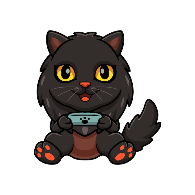 Cute black persian cat cartoon holding food bowl