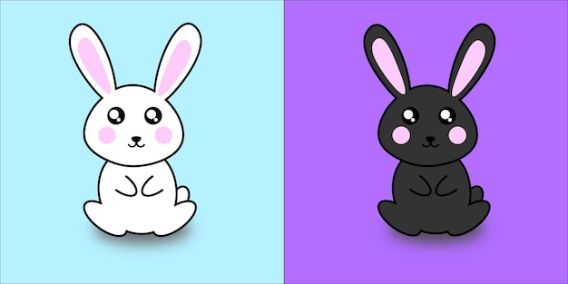 A cute black rabbit on a lilac background and a cute white rabbit on a blue background