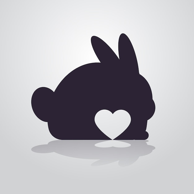 Cute black rabbit silhouette with white heart cartoon animal isolated full length