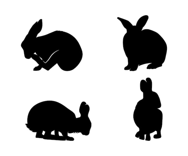 Vector cute black rabbits silhouettes set on white background