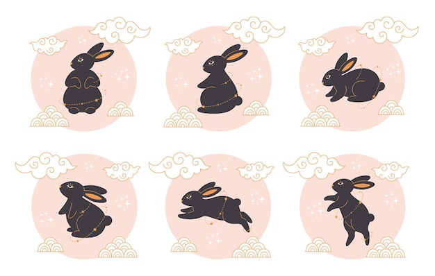 Cute black rabbits with Chinese New Year symbols. Year of the Rabbit. Mid autumn festival