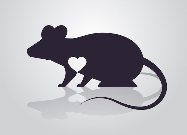 Vector cute black rat silhouette with white heart cartoon animal