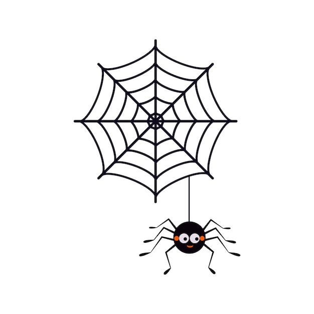 Vector cute black spider hanging on a string with cobwebs icon isolated on white background