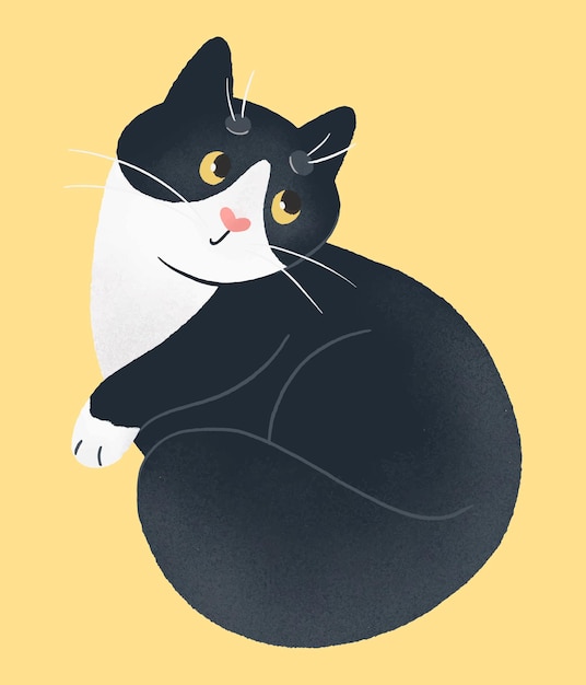 Vector cute black and white cat on a yellow background