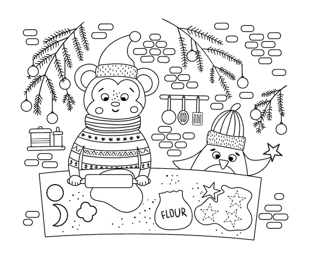 Cute black and white Christmas preparation scene with monkey and penguin baking cookies. Winter line illustration with animals. Funny card design. New Year print with smiling characters