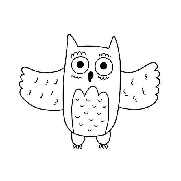 Vector cute black and white owl print in cartoon style funny bird character isolated on white background