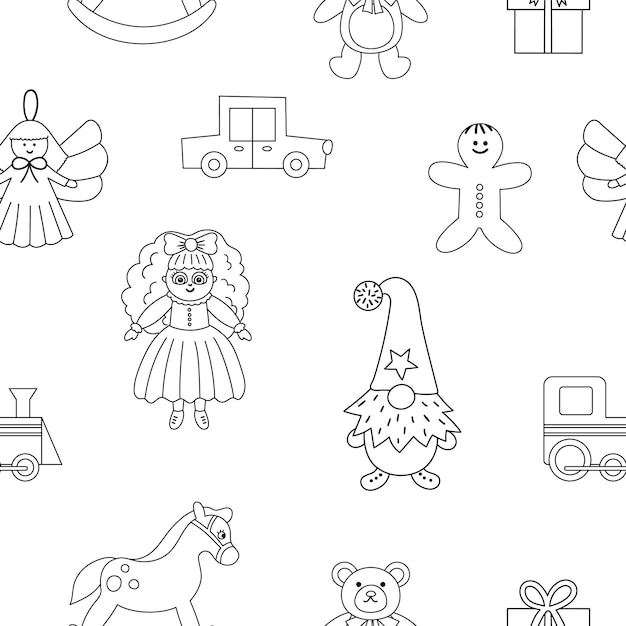 Vector cute black and white seamless pattern with christmas toys. vector line background with new year gifts for kids. digital paper with santa claus presents for children.