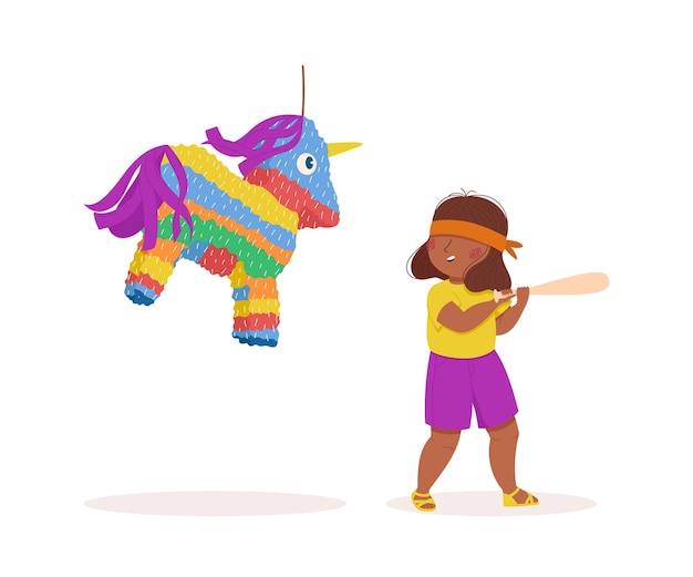 Cute blackskinned girl playing with a pinata Multiculturalism and diversity Vector illustration Summer activities Kids have fun outside Funny character Isolated on a white background