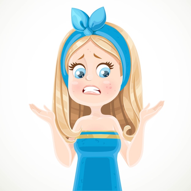 Vector cute blond girl in a blue bath towel is horrified by the sight of acne on her face isolated on white background