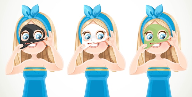 Vettore ragazza bionda carina in un telo da bagno blu e capelli legati rimuove la maschera cosmetica in diversi colori dal viso isolato su sfondo bianco